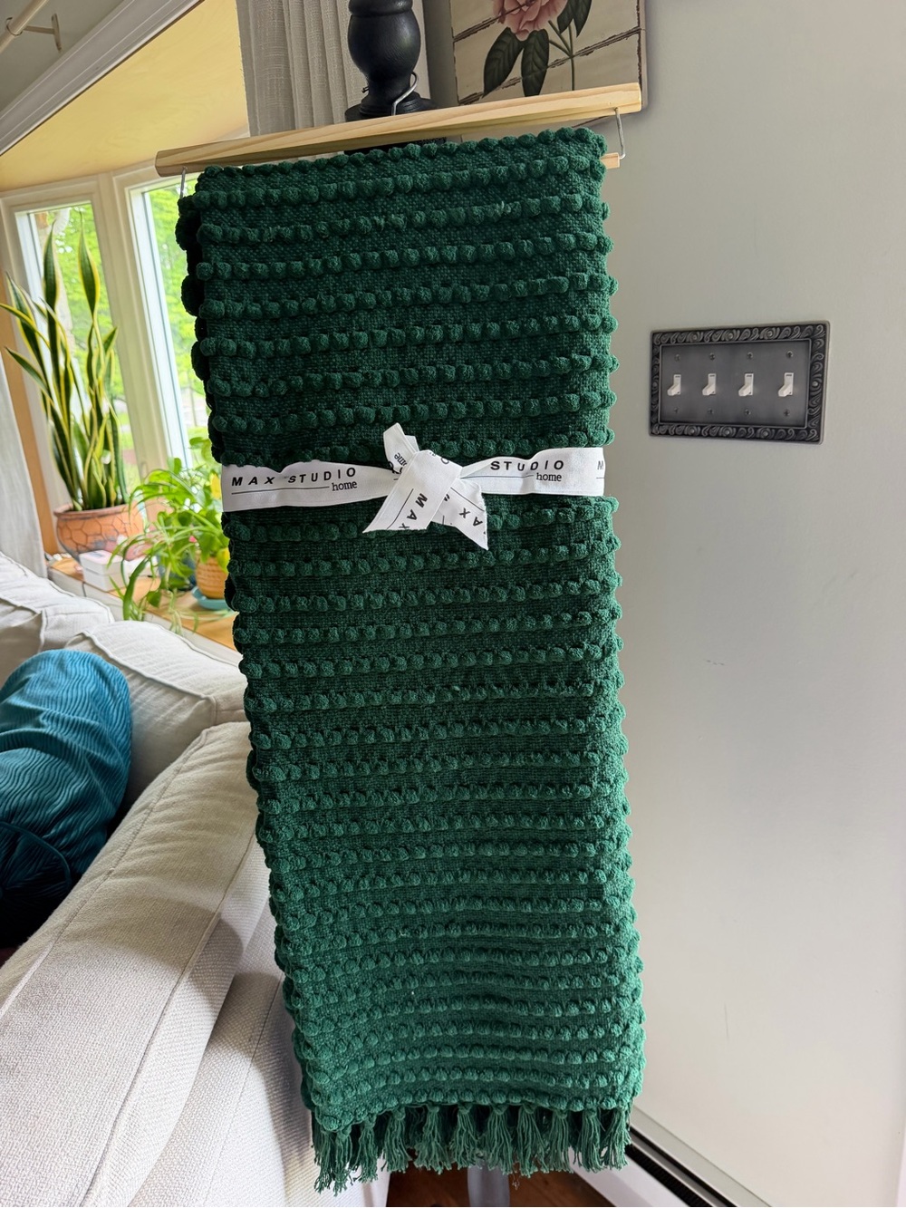 Max Studio Green Textured Pom-Pom Throw